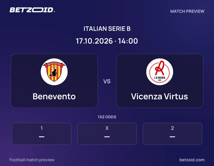 Benevento vs Vicenza Virtus: Italian Serie B match preview with team badges and kick-off details.