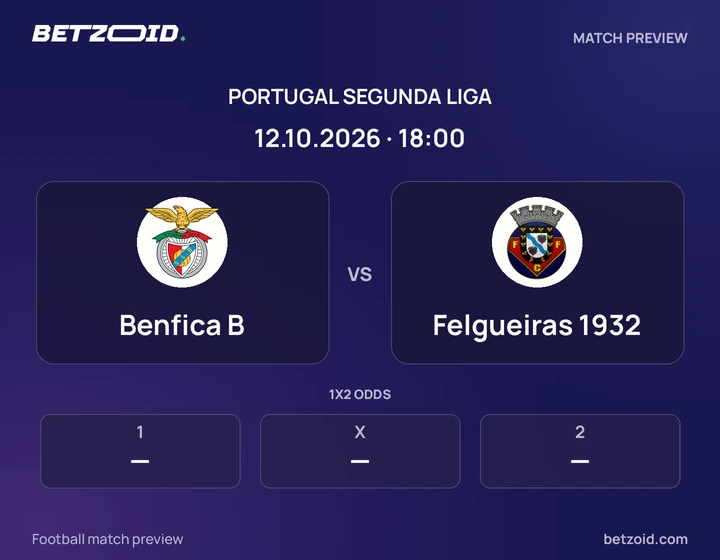 Benfica B vs Felgueiras 1932: Portugal Segunda Liga match preview with team badges and kick-off details.