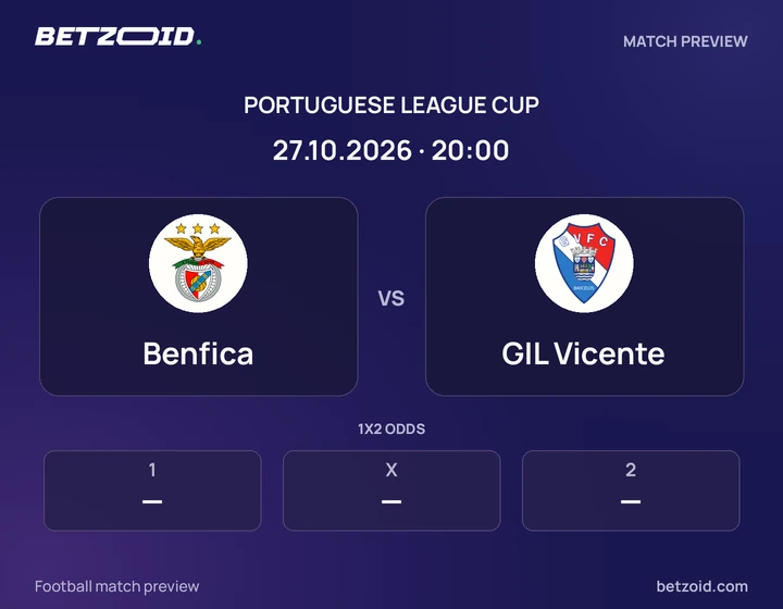 Benfica vs GIL Vicente: Portuguese League Cup match preview with team badges and kick-off details.