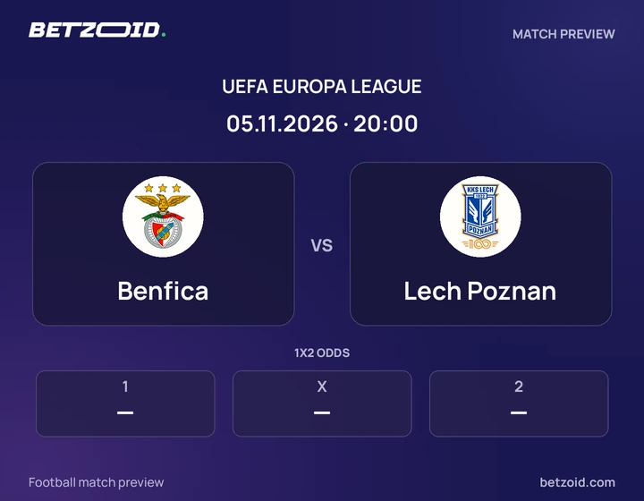 Benfica vs Lech Poznan: UEFA Europa League match preview with team badges and kick-off details.
