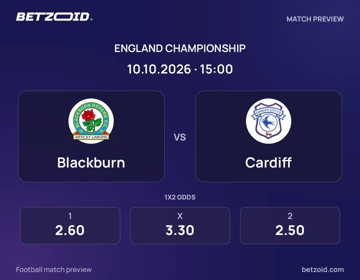 Blackburn vs Cardiff: England Championship match preview with team badges and kick-off details.