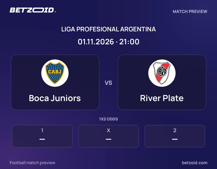 Boca Juniors vs River Plate: Liga Profesional Argentina match preview with team badges and kick-off details.