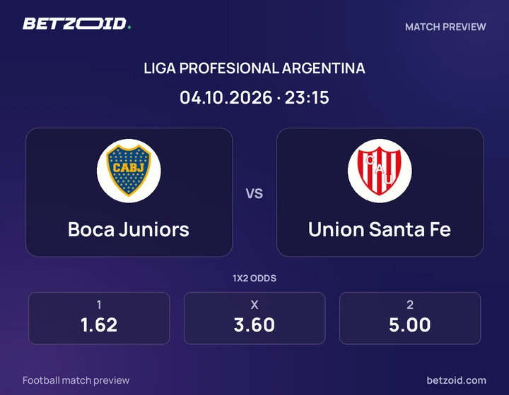 Boca Juniors vs Union Santa Fe: Liga Profesional Argentina match preview with team badges and kick-off details.