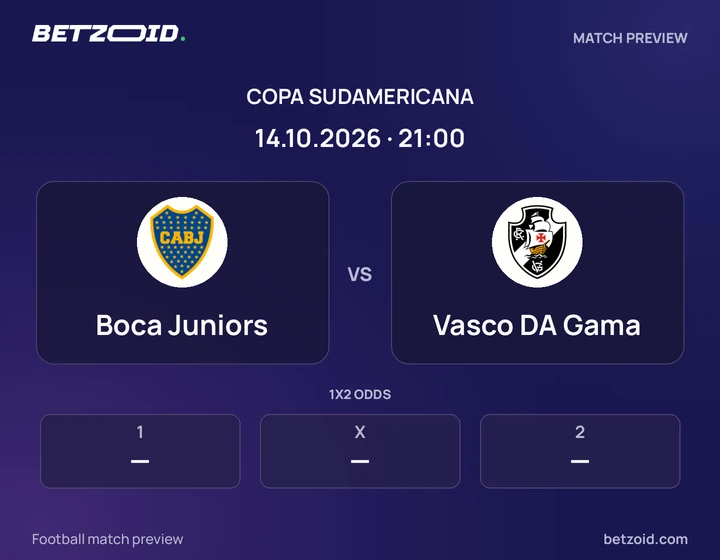 Boca Juniors vs Vasco DA Gama: Copa Sudamericana match preview with team badges and kick-off details.