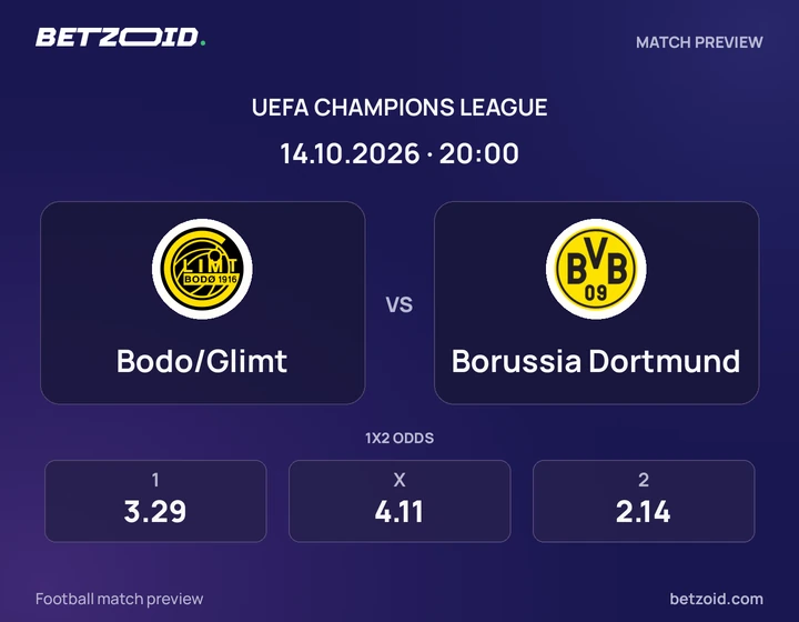 Bodo/Glimt – Borussia Dortmund Bodo/Glimt – Borussia Dortmund: Spielvorschau zum Wettbewerb Champions League mit Teamlogos und Anstoßzeit.