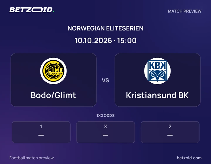 Bodo/Glimt vs Kristiansund BK: Norwegian Eliteserien match preview with team badges and kick-off details.