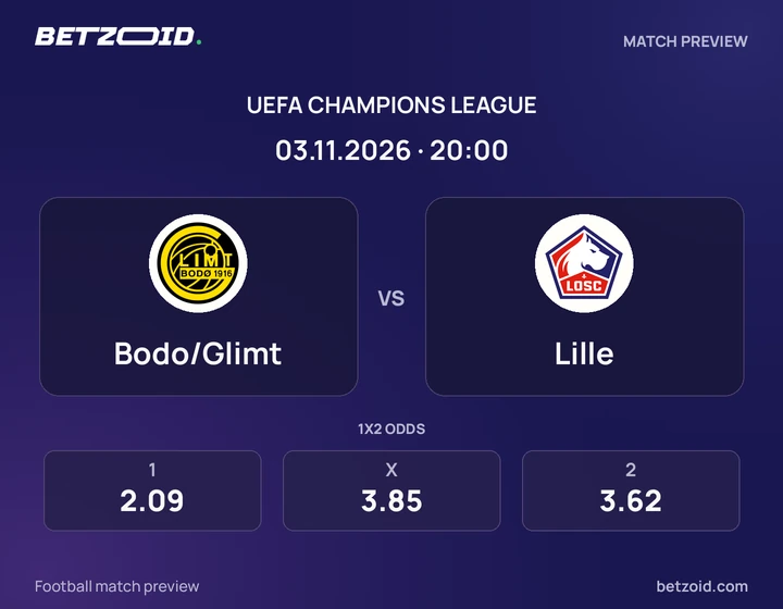 Bodø/Glimt – Lille Bodø/Glimt – Lille : présentation du match de Ligue des champions avec les logos des équipes et l’horaire du coup d’envoi.
