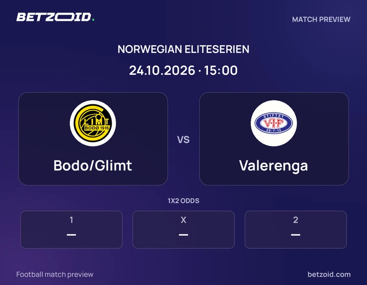 Bodo/Glimt vs Valerenga: Norwegian Eliteserien match preview with team badges and kick-off details.