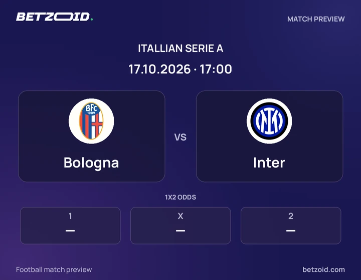 Bologna - Inter Bologna vs Inter: Itallian Serie A match preview with team badges and kick-off details.