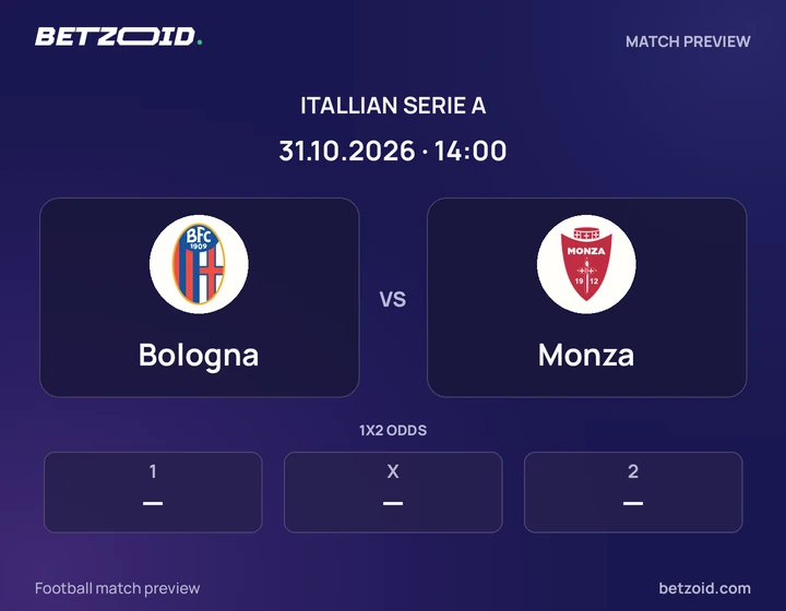 Bologna vs Monza: Itallian Serie A match preview with team badges and kick-off details.