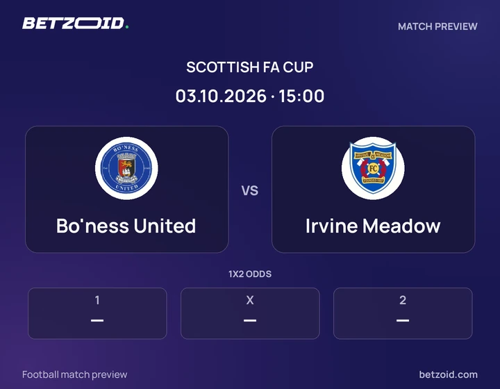 Bo'ness United - Irvine Meadow Bo'ness United vs Irvine Meadow: Scottish FA Cup match preview with team badges and kick-off details.