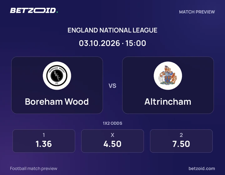 Boreham Wood vs Altrincham: England National League match preview with team badges and kick-off details.