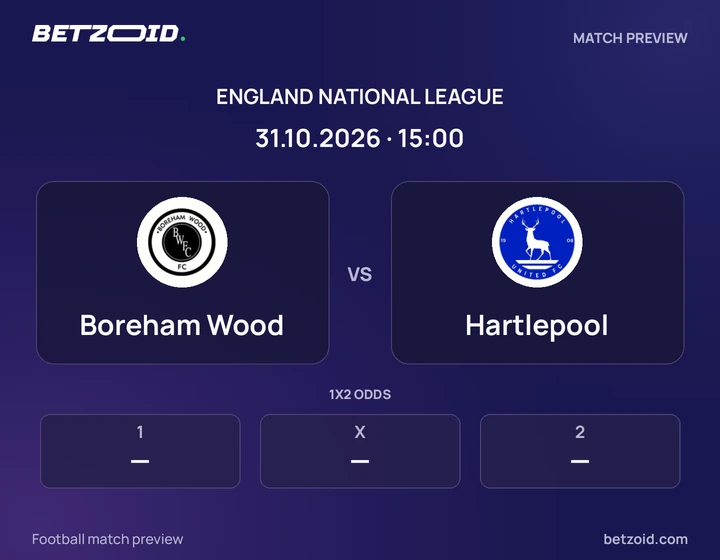 Boreham Wood vs Hartlepool: England National League match preview with team badges and kick-off details.