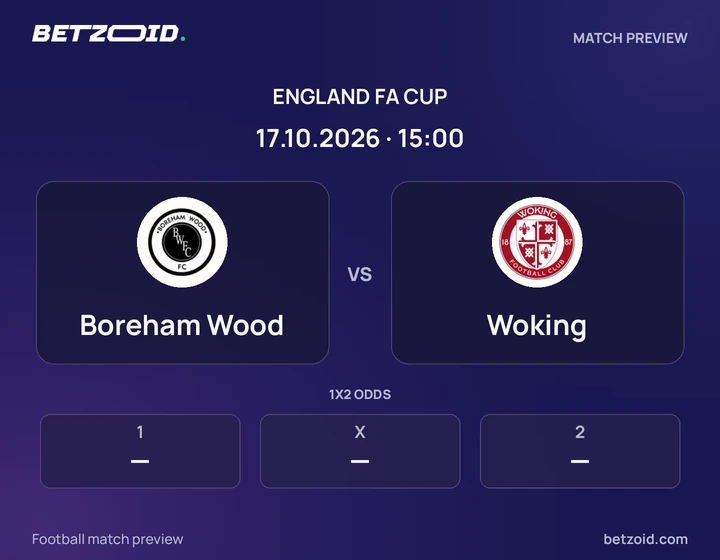 Boreham Wood vs Woking: England FA Cup match preview with team badges and kick-off details.