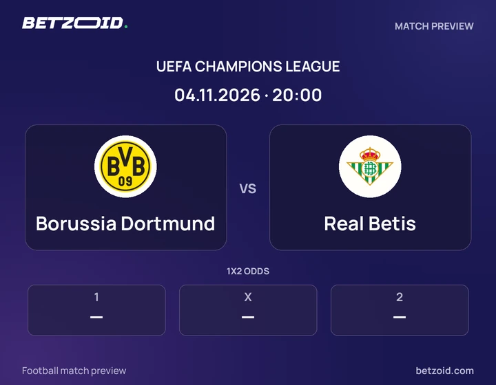 Borussia Dortmund vs Real Betis: UEFA Champions League match preview with team badges and kick-off details.