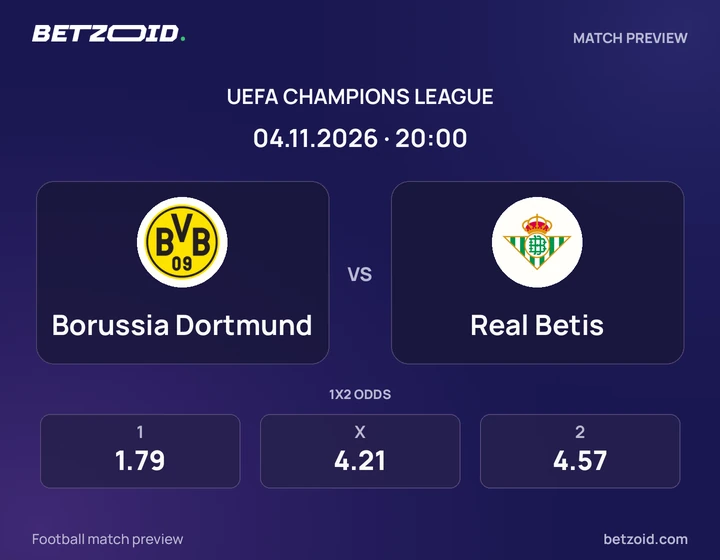 Borussia Dortmund – Real Betis Borussia Dortmund – Real Betis: Spielvorschau zum Wettbewerb Champions League mit Teamlogos und Anstoßzeit.