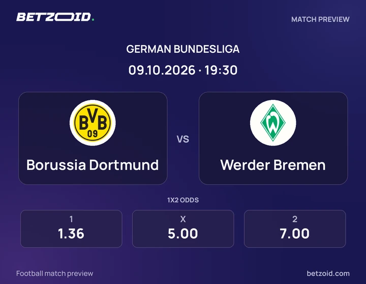Borussia Dortmund vs Werder Bremen: German Bundesliga match preview with team badges and kick-off details.