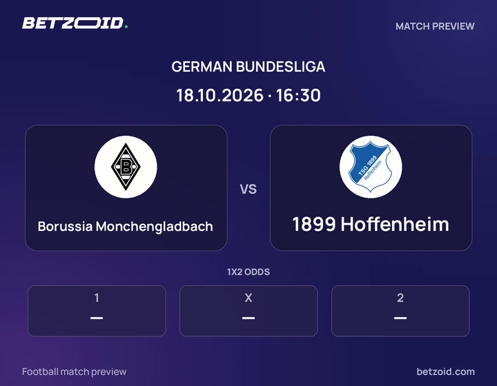 Borussia Monchengladbach vs 1899 Hoffenheim: German Bundesliga match preview with team badges and kick-off details.