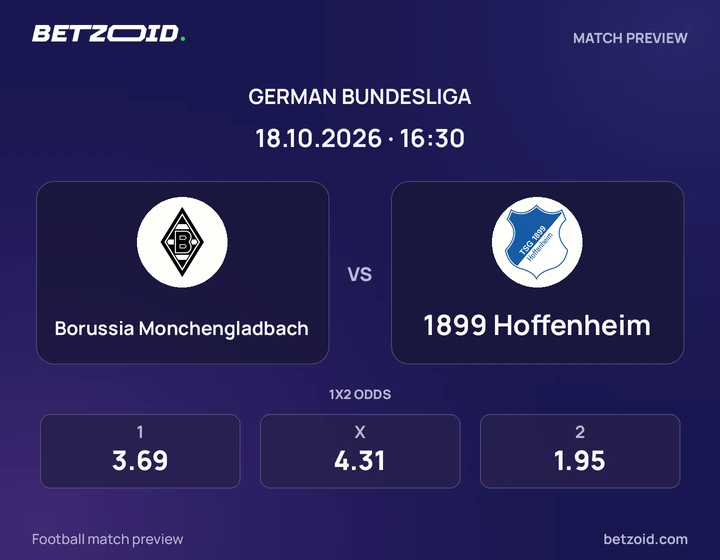 Borussia Monchengladbach – 1899 Hoffenheim Borussia Monchengladbach – 1899 Hoffenheim: Spielvorschau zum Wettbewerb Bundesliga mit Teamlogos und Anstoßzeit.