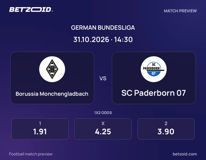 Borussia Monchengladbach – SC Paderborn 07 Borussia Monchengladbach – SC Paderborn 07: Spielvorschau zum Wettbewerb Bundesliga mit Teamlogos und Anstoßzeit.