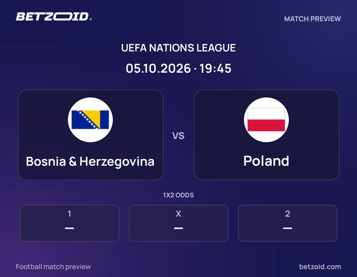 Bosnia & Herzegovina vs Poland: UEFA Nations League match preview with team badges and kick-off details.