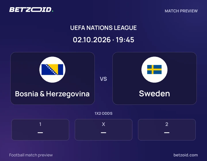 Bosnia & Herzegovina vs Sweden: UEFA Nations League match preview with team badges and kick-off details.