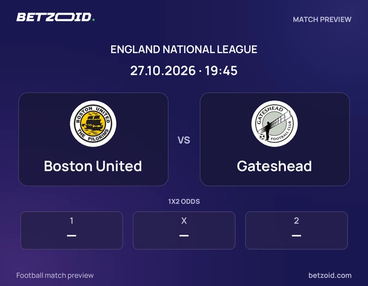 Boston United - Gateshead Boston United vs Gateshead: England National League match preview with team badges and kick-off details.