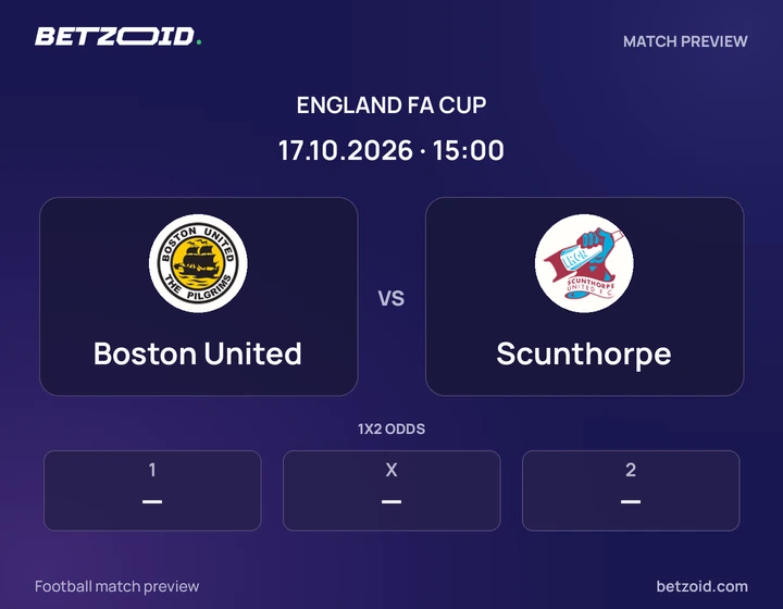 Boston United vs Scunthorpe: England FA Cup match preview with team badges and kick-off details.