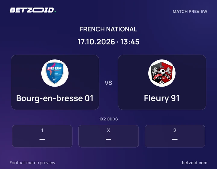 Bourg-en-bresse 01 vs Fleury 91: French National match preview with team badges and kick-off details.