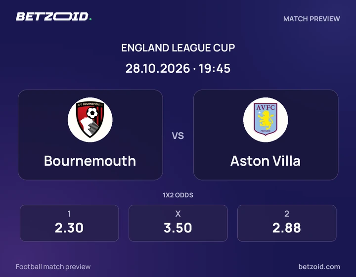 Bournemouth vs Aston Villa: England League Cup match preview with team badges and kick-off details.