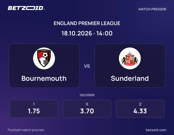 Bournemouth - Sunderland Bournemouth vs Sunderland: England Premier League match preview with team badges and kick-off details.