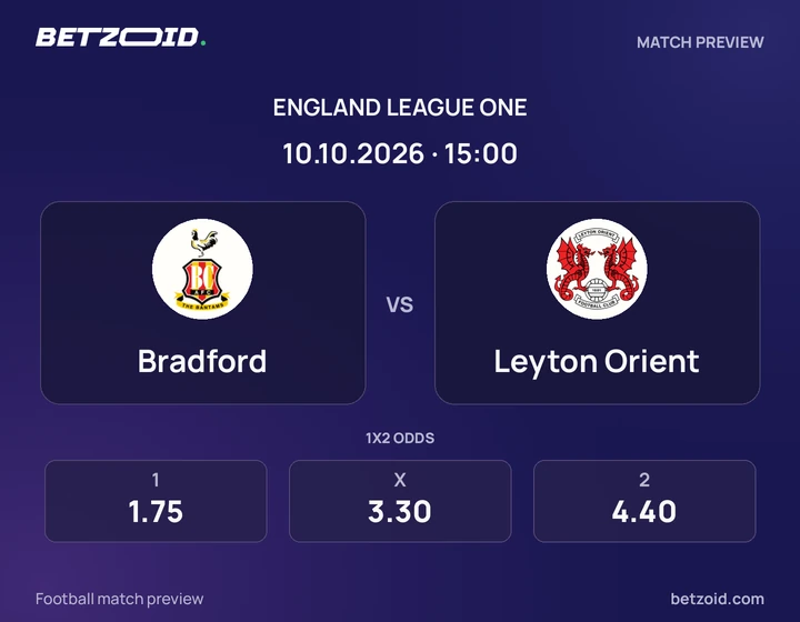 Bradford vs Leyton Orient: England League One match preview with team badges and kick-off details.