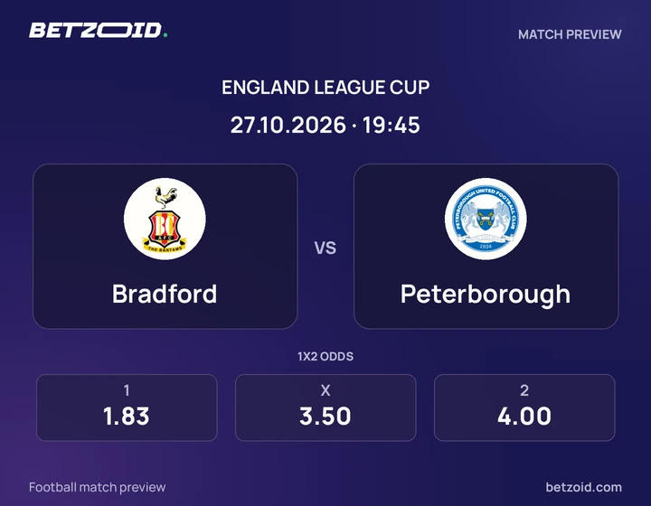 Bradford vs Peterborough: England League Cup match preview with team badges and kick-off details.