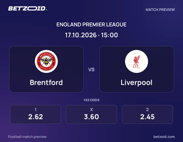 Brentford vs Liverpool: England Premier League match preview with team badges and kick-off details.