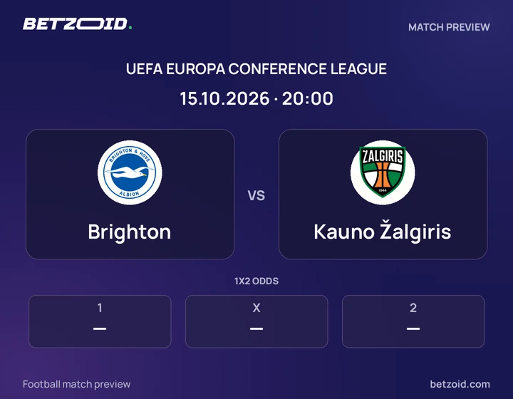 Brighton - Kauno Žalgiris Brighton vs Kauno Žalgiris: UEFA Europa Conference League match preview with team badges and kick-off details.