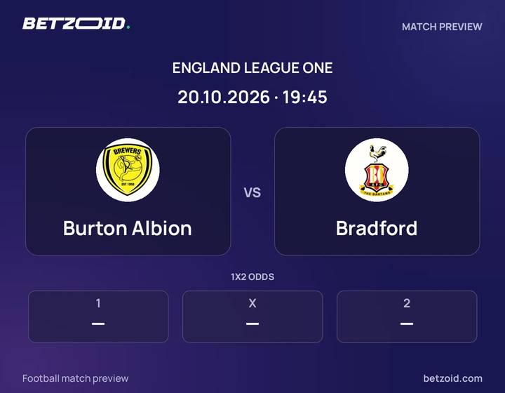 Burton Albion vs Bradford: England League One match preview with team badges and kick-off details.