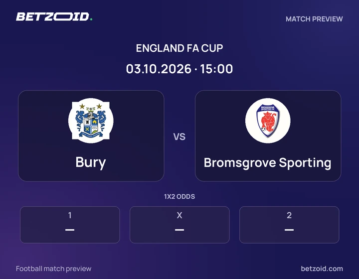 Bury - Bromsgrove Sporting Bury vs Bromsgrove Sporting: England FA Cup match preview with team badges and kick-off details.