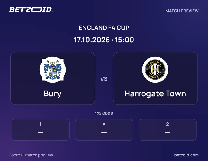 Bury vs Harrogate Town: England FA Cup match preview with team badges and kick-off details.