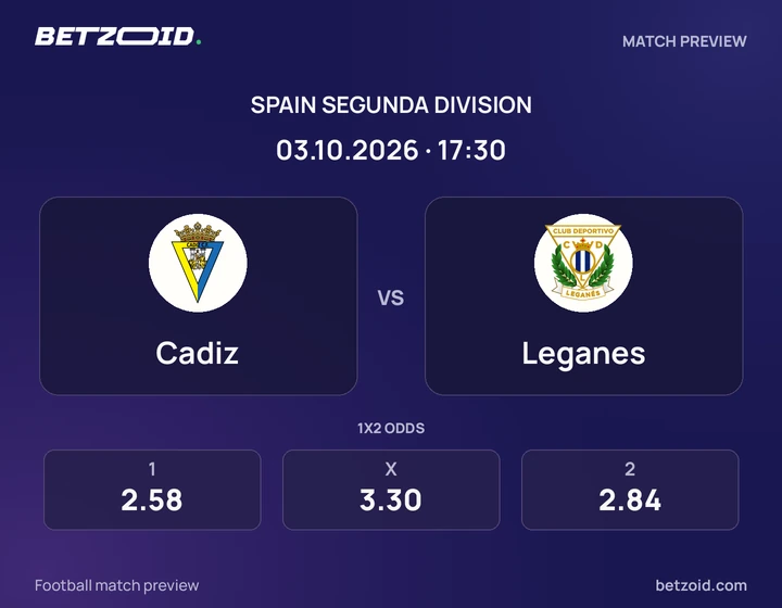 Cadiz vs Leganes: Spain Segunda Division match preview with team badges and kick-off details.