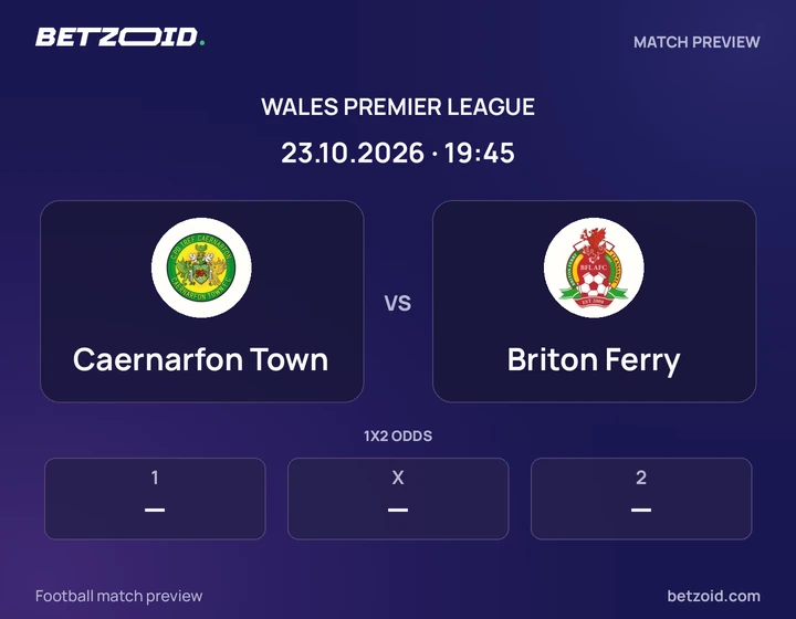 Caernarfon Town vs Briton Ferry: Wales Premier League match preview with team badges and kick-off details.