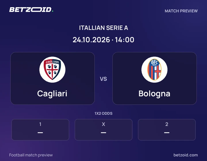 Cagliari vs Bologna: Itallian Serie A match preview with team badges and kick-off details.