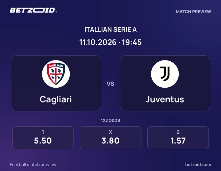 Cagliari vs Juventus: Itallian Serie A match preview with team badges and kick-off details.