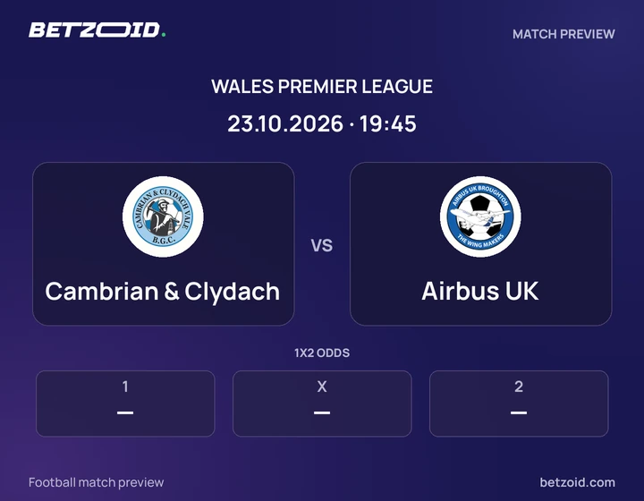 Cambrian & Clydach vs Airbus UK: Wales Premier League match preview with team badges and kick-off details.