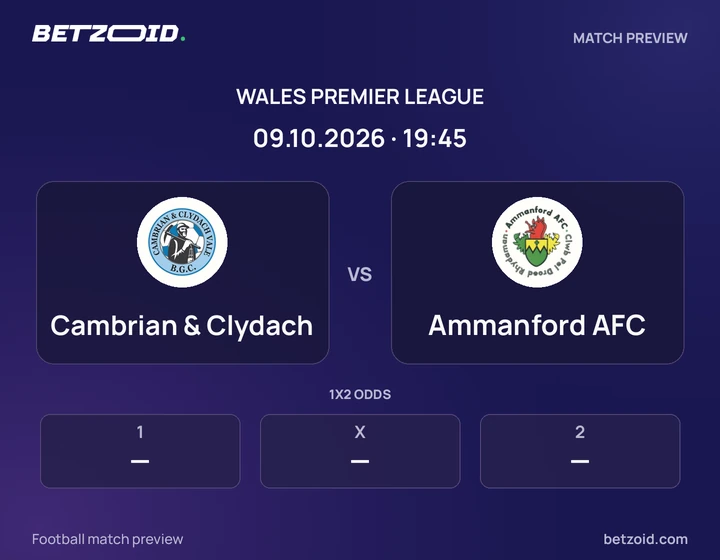 Cambrian & Clydach - Ammanford AFC Cambrian & Clydach vs Ammanford AFC: Wales Premier League match preview with team badges and kick-off details.