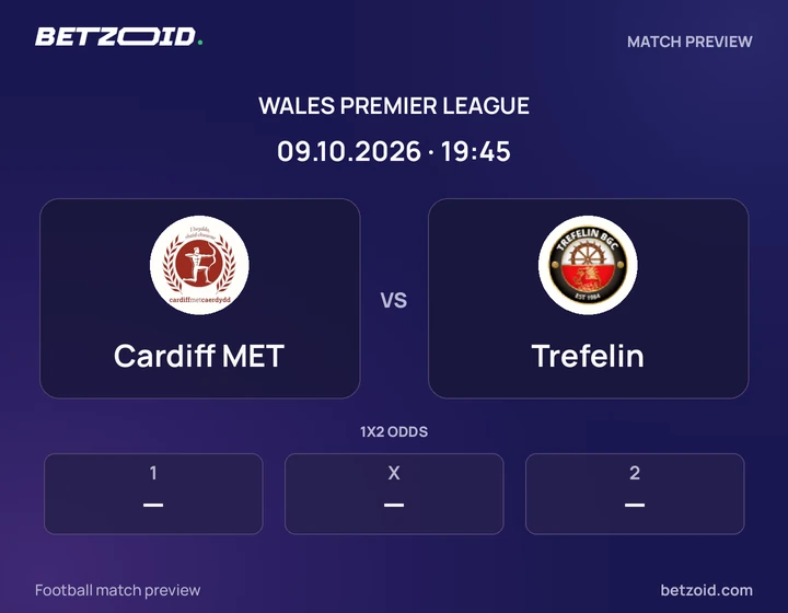 Cardiff MET vs Trefelin: Wales Premier League match preview with team badges and kick-off details.