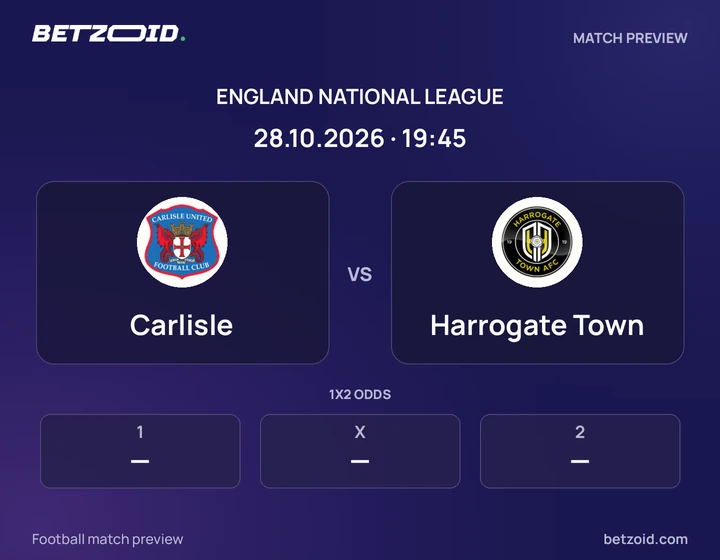 Carlisle vs Harrogate Town: England National League match preview with team badges and kick-off details.