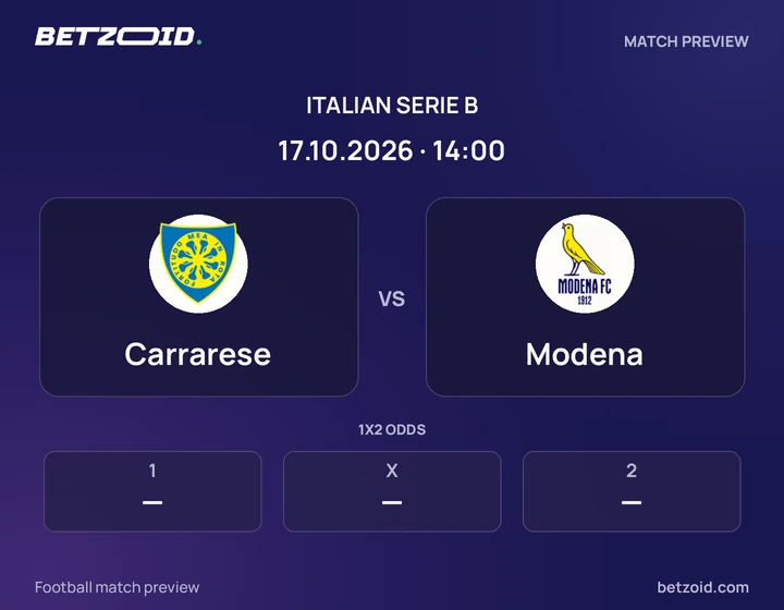Carrarese vs Modena: Italian Serie B match preview with team badges and kick-off details.