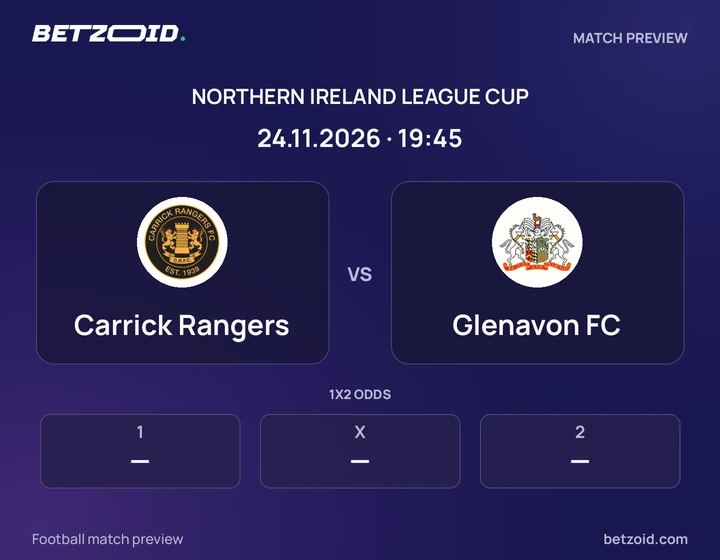 Carrick Rangers vs Glenavon FC: Northern Ireland League Cup match preview with team badges and kick-off details.