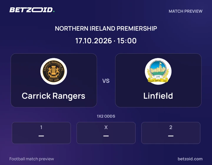 Carrick Rangers - Linfield Carrick Rangers vs Linfield: Northern Ireland Premiership match preview with team badges and kick-off details.