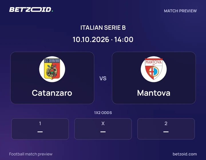 Catanzaro vs Mantova: Italian Serie B match preview with team badges and kick-off details.